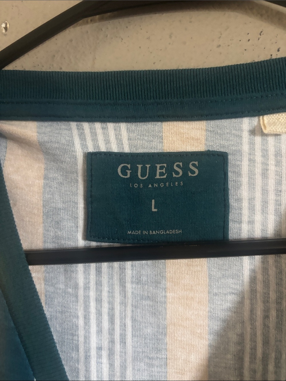 GUESS Men's Teal and Yellow Vertical Stripe Short Sleeve Tee - Picture 2 of 3